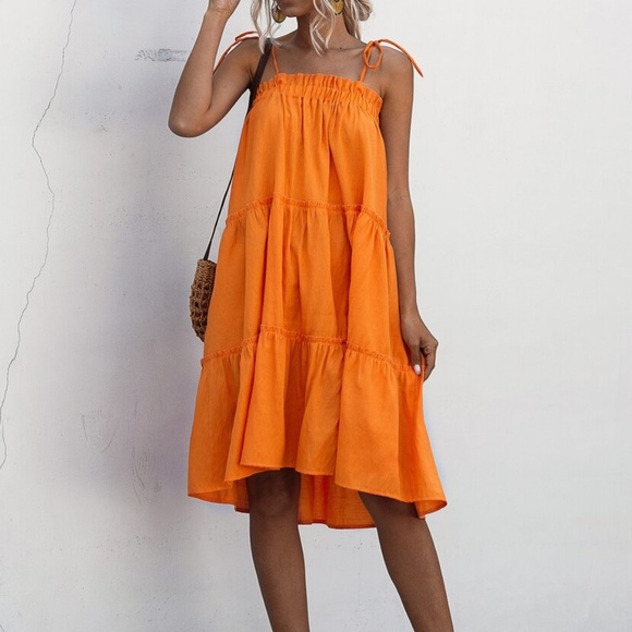 Boho Orange Ruffle Layered Midi Dress - Picture 3 of 4